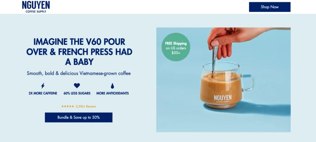 This image shows NGYYEN's clear and relevant CTA copy informing visitors that they can save up to 30% on their order by bundling up.