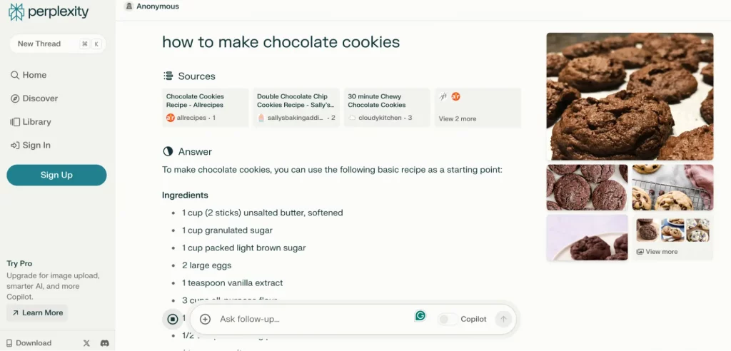 This image shows the interface of Perplexity AI, a generative search engine, providing comprehensive responses and synthesizing information from diverse sources using advanced AI and natural language processing (NLP) technologies.