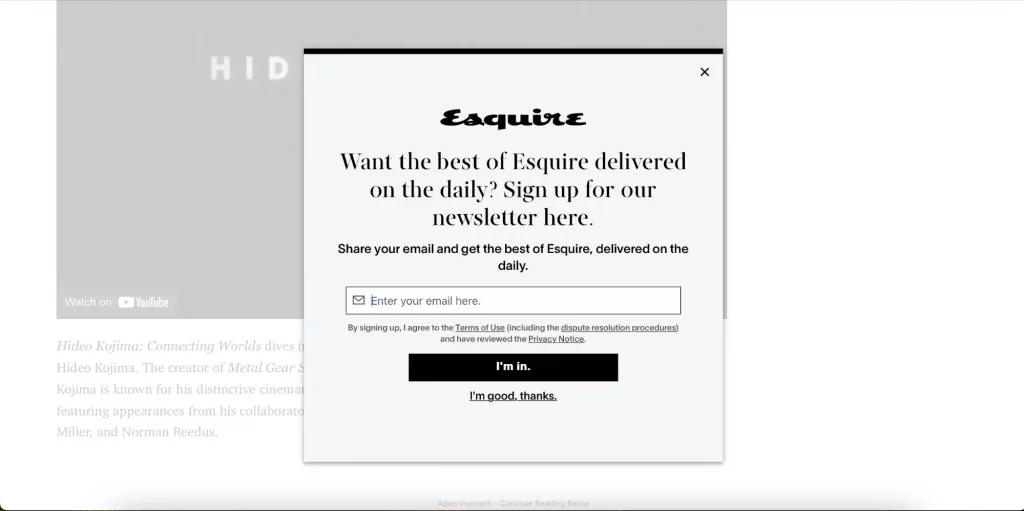 This image shows a pop-up squeeze page with a message asking for email addresses, highlighting the drawbacks of such pages.