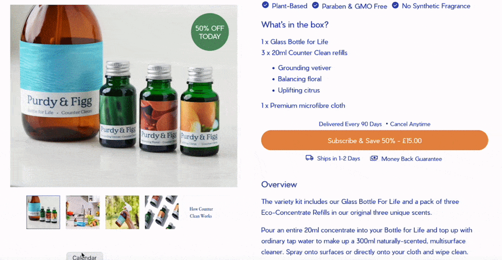 This image shows the Purdy & Figg website utilizing a carousel to feature lifestyle and product images of their non-toxic cleaners.