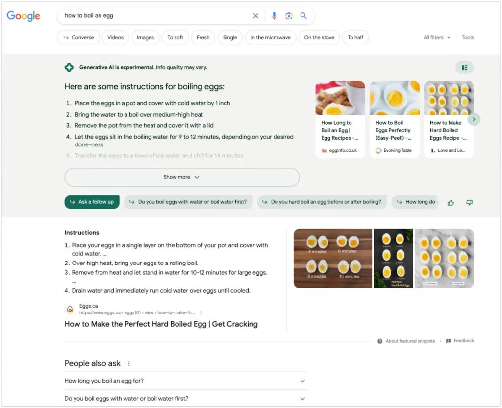 This image shows a screenshot of a search results page with a highlighted quick summary option generated by Google Search Generative Experience (SGE) technology.
