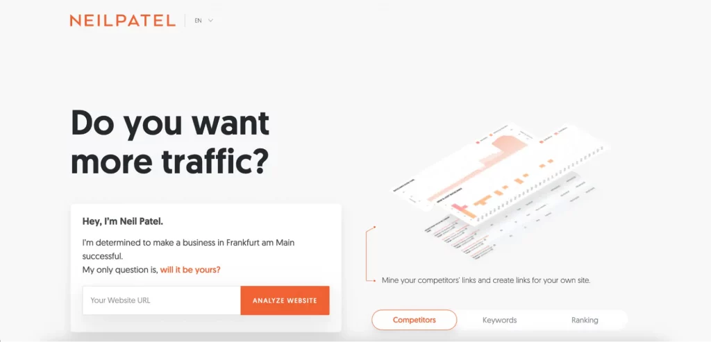 This image shows a squeeze page example from Neil Patel, featuring a clear value proposition in the headline and a simple, on-brand layout.