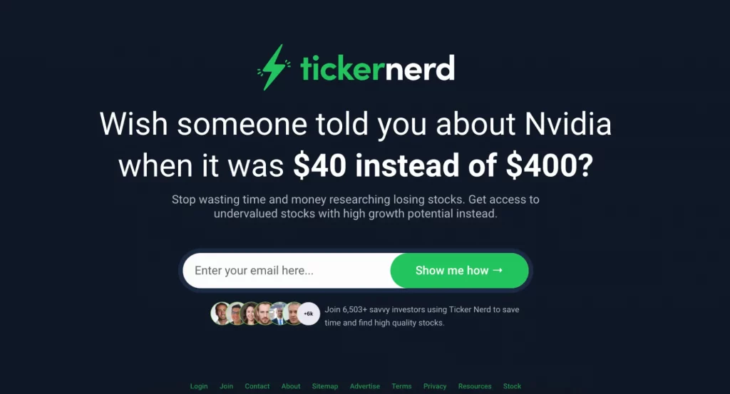 This image shows a squeeze page example from tickernerd, featuring a catchy headline about Nvidia stock and enticing visitors to sign up for stock price updates.
