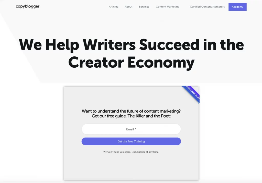 This image shows a screenshot of Copyblogger squeeze page headline emphasizing the importance of a compelling headline to attract visitors.