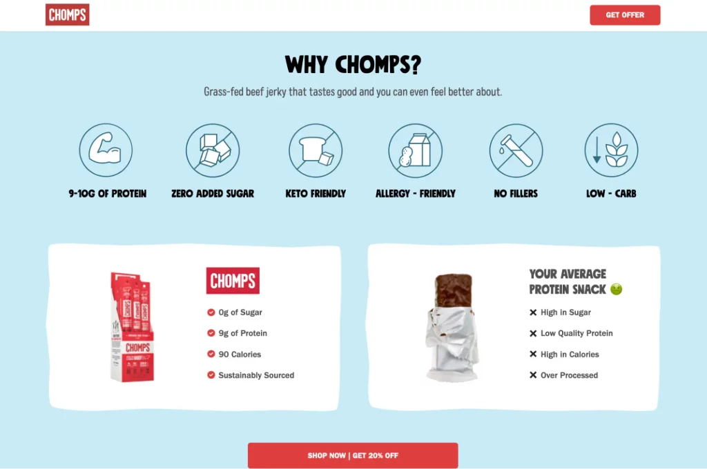 This image shows the Why Chomps section on the landing page, presenting information in an aesthetically pleasing and clutter-free manner.