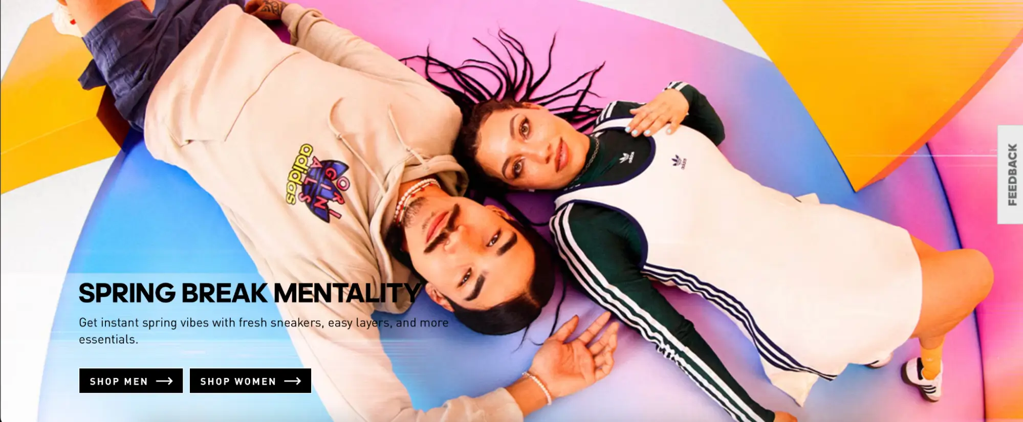 This image shows an example of a product landing page for Adidas, featuring an image promoting the brand's new spring collection inspired by 90s fashion. The page targets young fashion-conscious individuals and showcases other Adidas products, new arrivals, and trending items, with a clean, minimalist design and vibrant accents.