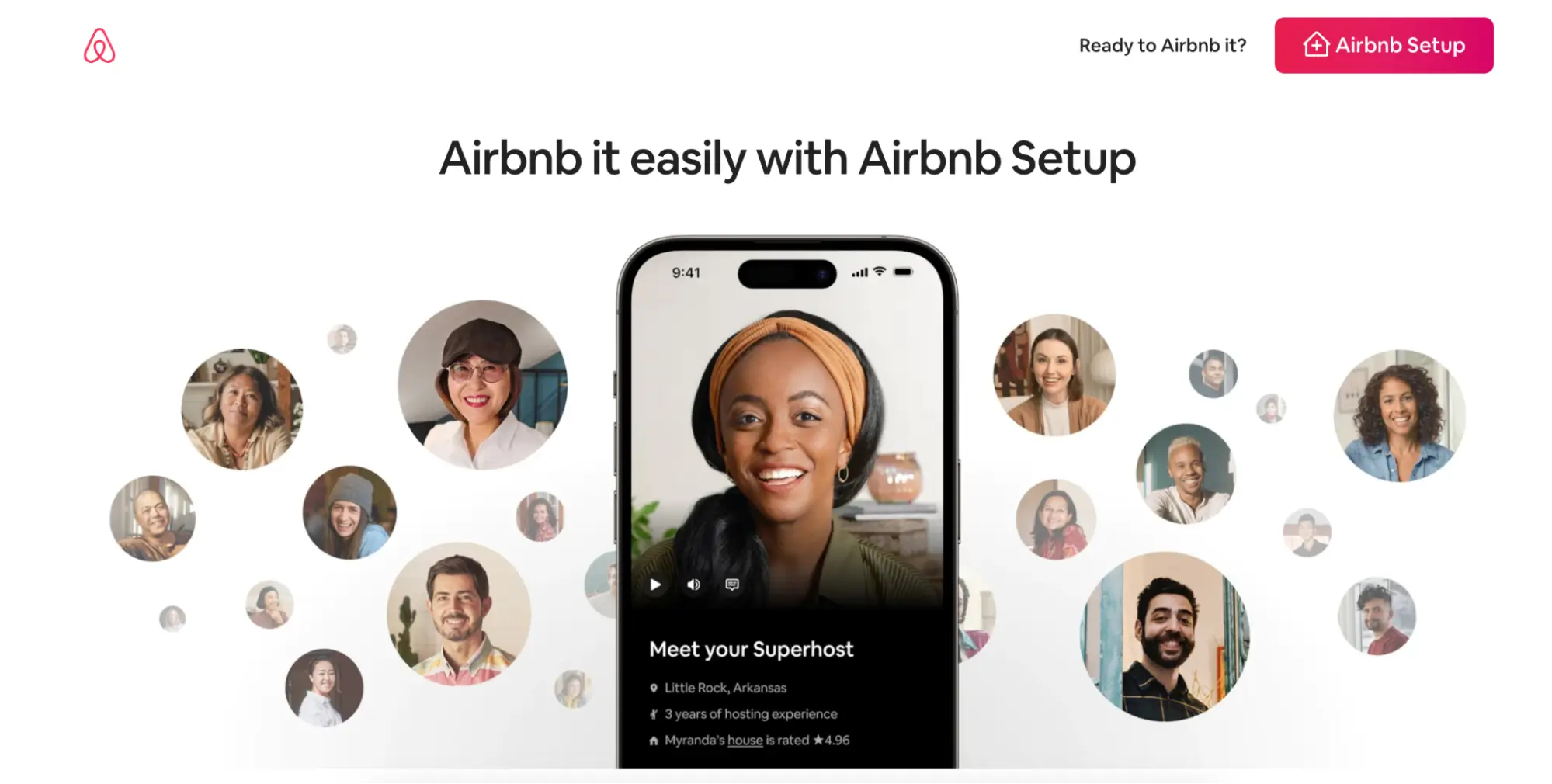 This image shows an example of a product landing page for Airbnb, featuring portraits representing the diverse target audience, catering to both travelers and hosts. The page is information-rich, highlighting the benefits of using the service for hosts in the marketplace for short- or long-term rentals.