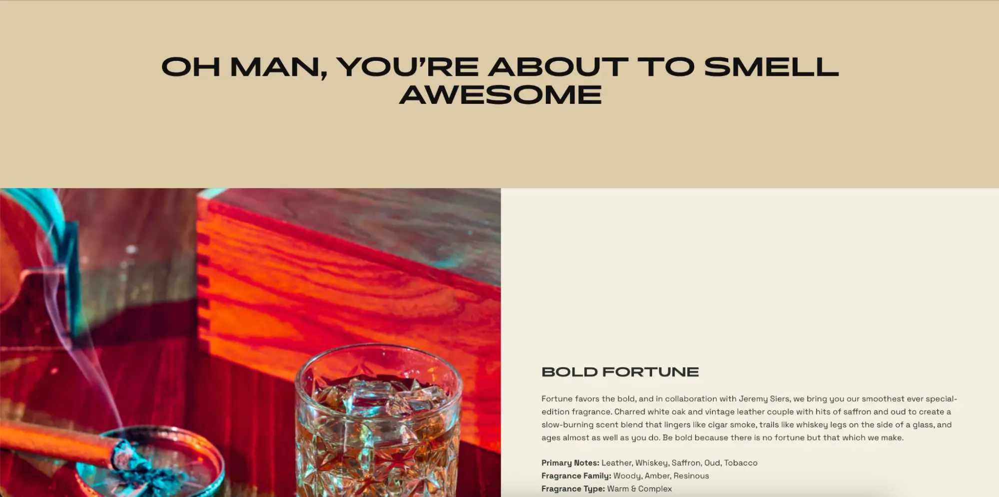 This image shows an example of a product landing page for Beardbrand, featuring minimalist design and masculine attributes like cigars and whiskey, appealing to its male target audience with a range of beard grooming products, fragrances, and styling essentials.