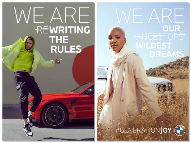 This image shows BMW's "Generation of Joy" campaign, launched in 2022, targeting millennials and Gen Z, known as "new luxury consumers" expected to drive future growth. The campaign aimed to broaden BMW's brand awareness beyond its traditional premium segment customers and appeal to younger audiences.