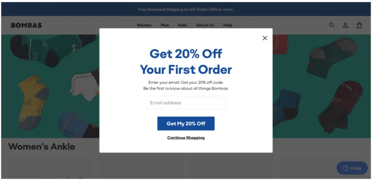 This image shows an overlay window on the Bombas website, offering a personalized CTA button clearly conveying the discount offer and prompting them to take action.