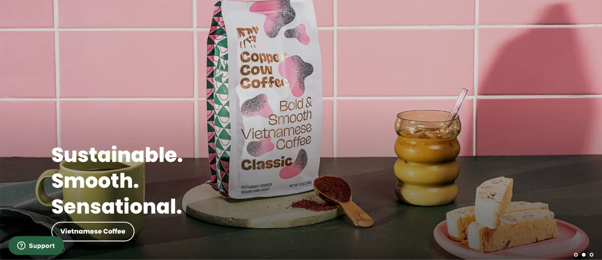 This image shows an example of a product landing page for Copper Cow Coffee, featuring sustainably sourced coffee products without preservatives or artificial flavors, appealing to coffee lovers seeking natural flavors. The page highlights the product range, including pour-over coffees and latte creamers, as well as the emphasis on sustainability and being a woman-owned business.