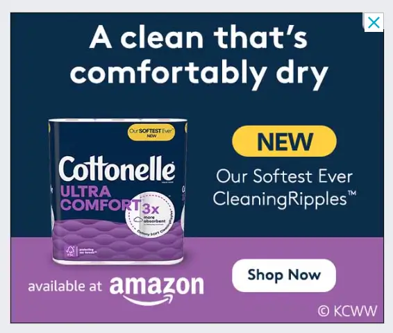 This image shows the consistent CTA strategy employed by Cottonelle across two different ads displayed in separate locations on the same page. Despite variations in color schemes and ad copy, both ads feature yellow CTA buttons that contrast with the background, facilitating user recognition and encouraging action.