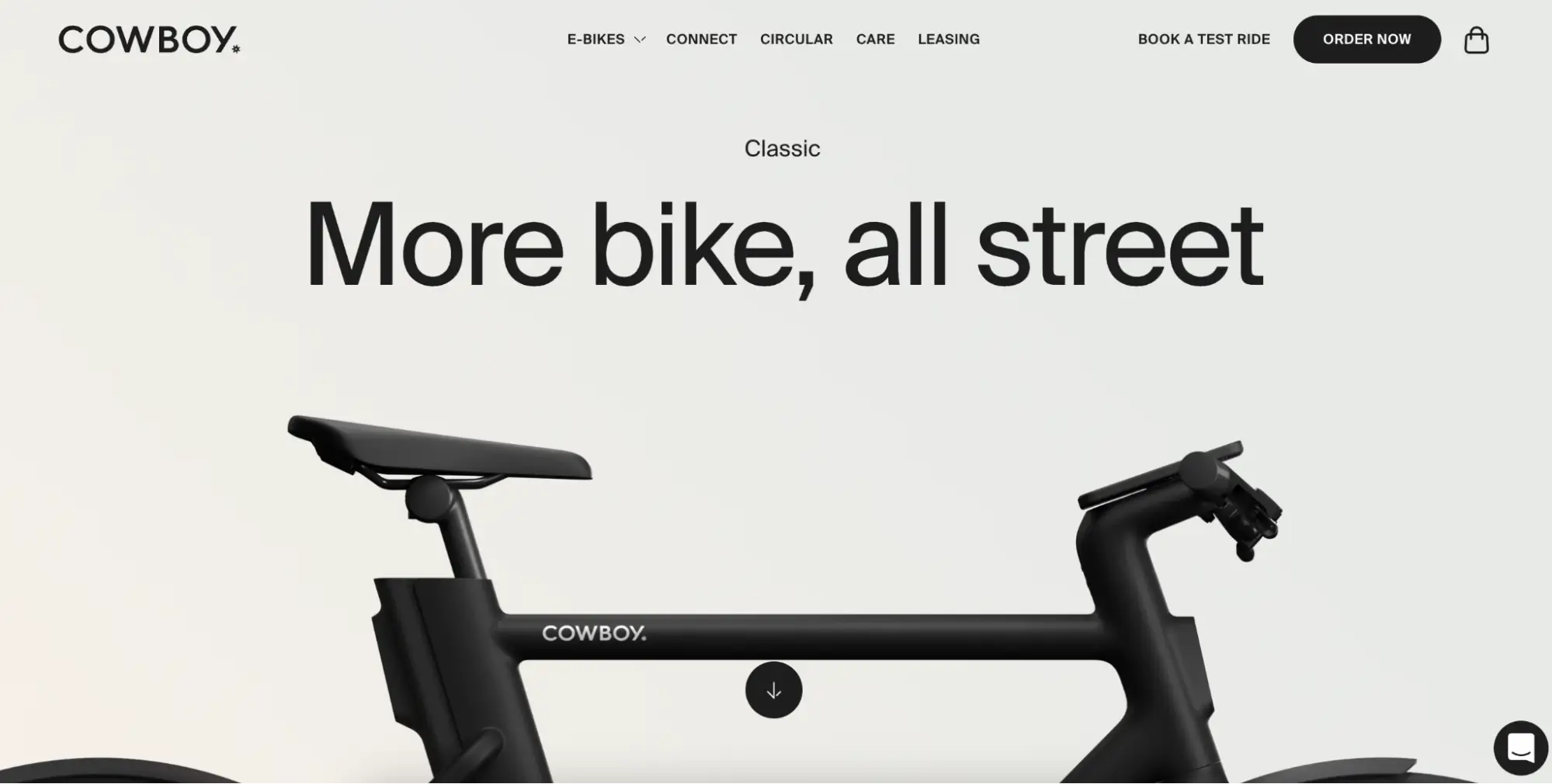 This image shows an example of a product landing page for Cowboy 4, an electric bike brand catering to urban riders. The page features a minimalist design highlighting the benefits and key features of e-bikes, supplemented by high-quality images and concise copy. Interactive elements offer a 360° view of the product, aiding users in visualizing the bike and exploring additional details.