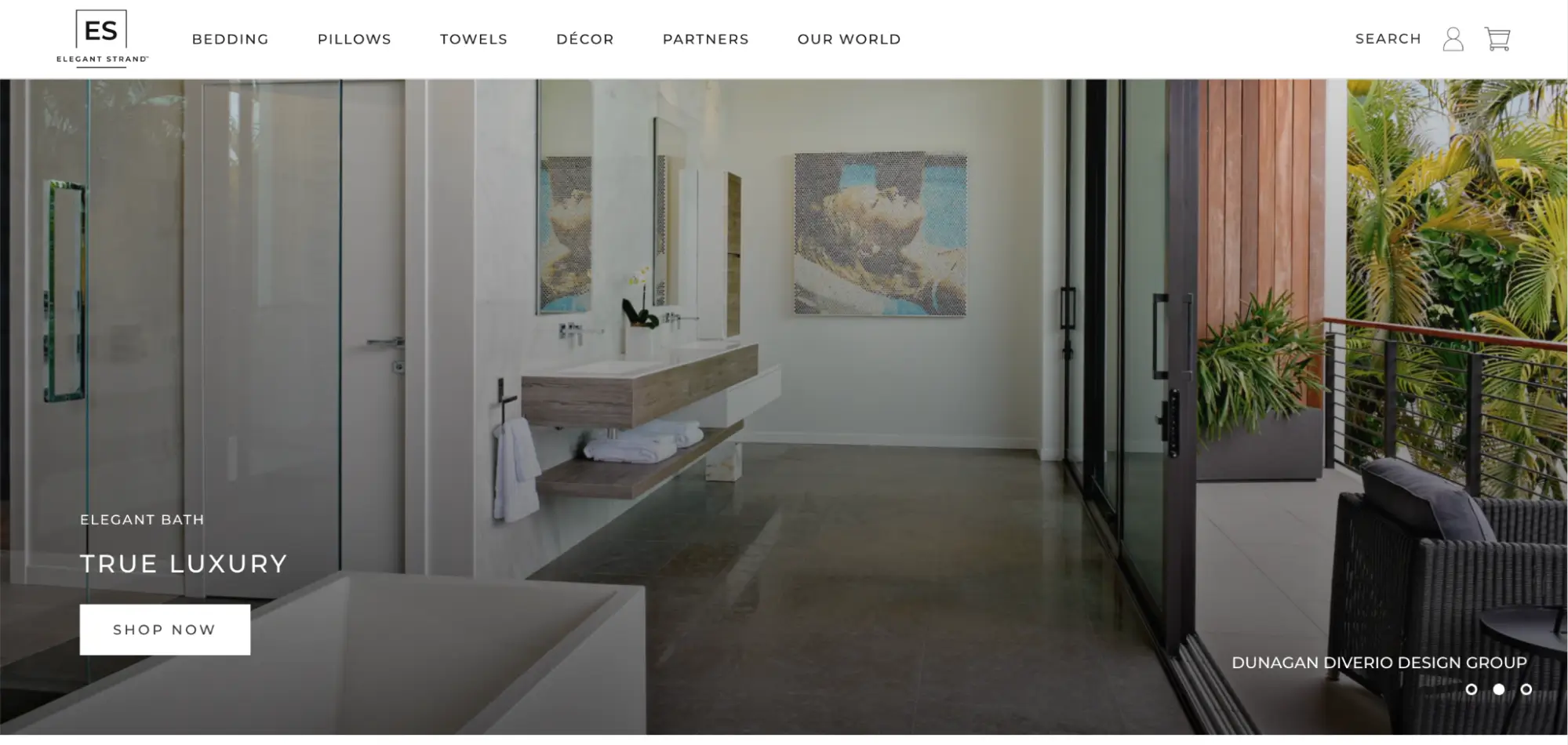 This image shows an example of a product landing page for Elegant Strand, a premium brand offering luxury bedding, bath linen, and decor. The image slider showcases how the brand's products complement real-life interiors, appealing to high-profile customers seeking luxury items.