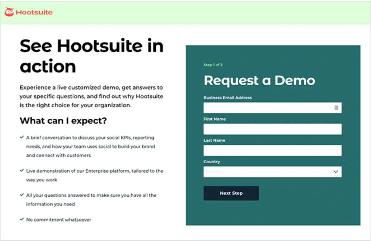 This image shows a Hootsuite landing page designed to direct users to request a demo. The page informs readers about what to expect from a demo request and features a clearly labeled CTA button, indicating the next step in the process.