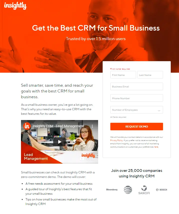 This image shows a product landing page for Insightly CRM, designed without distractions like navigation or content links, ensuring the only exit is through the call-to-action button, maintaining a 1:1 conversion ratio ideal for driving conversions.
