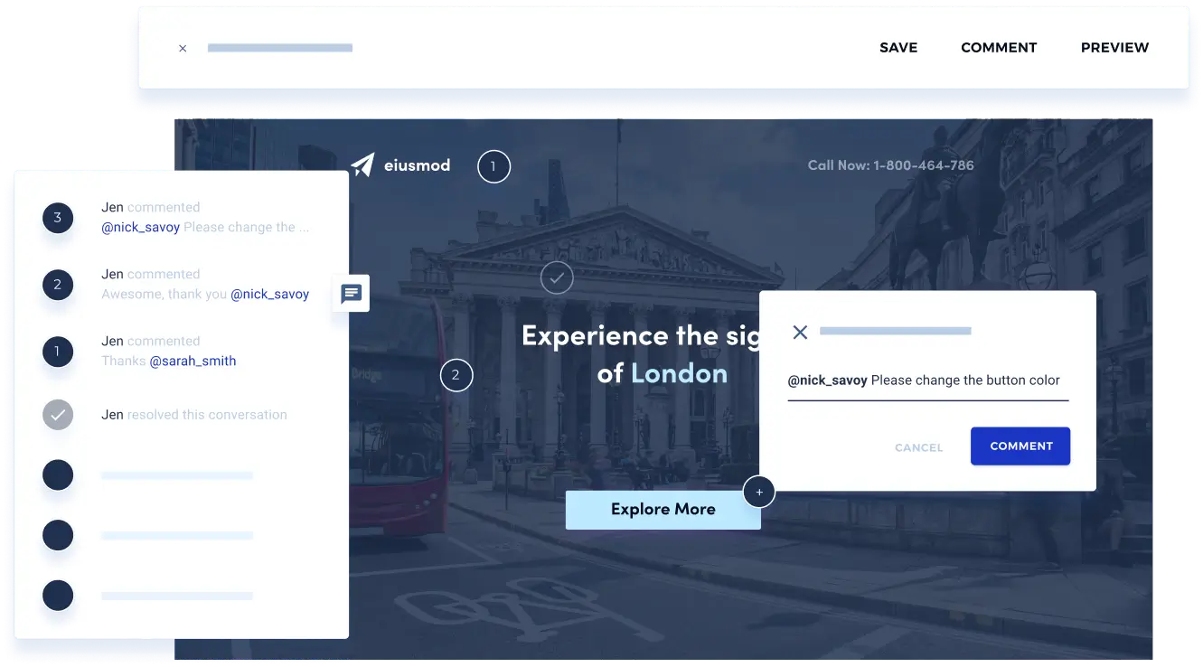 This image shows Instapage's collaboration tools interface, enabling users to share landing pages with stakeholders and clients for feedback while maintaining privacy from unauthorized users.