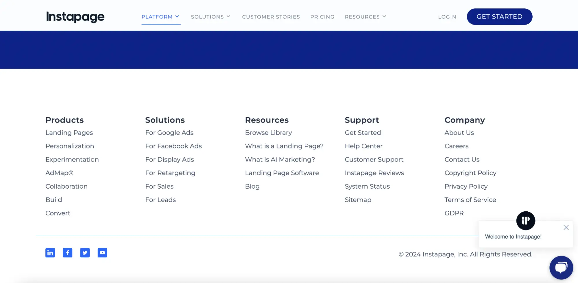 This image shows the social media CTA buttons on the Instapage homepage, located at the bottom of the page below the footer, a common placement for such icons.