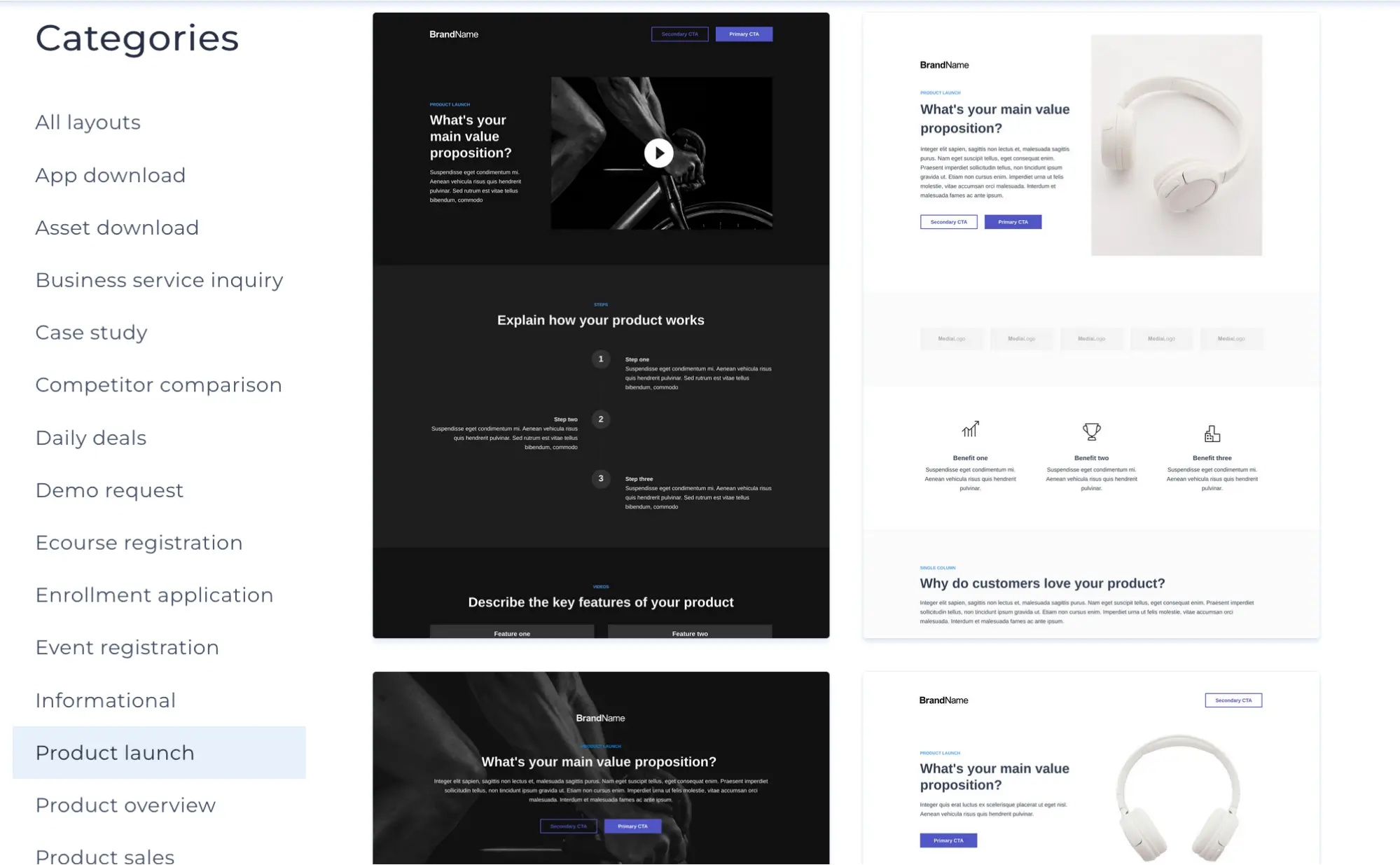 This image shows Instapage's collection of 500+ fully customizable templates by industry and use cases, making it easier for marketers to build high-converting product landing pages with the power of artificial intelligence.