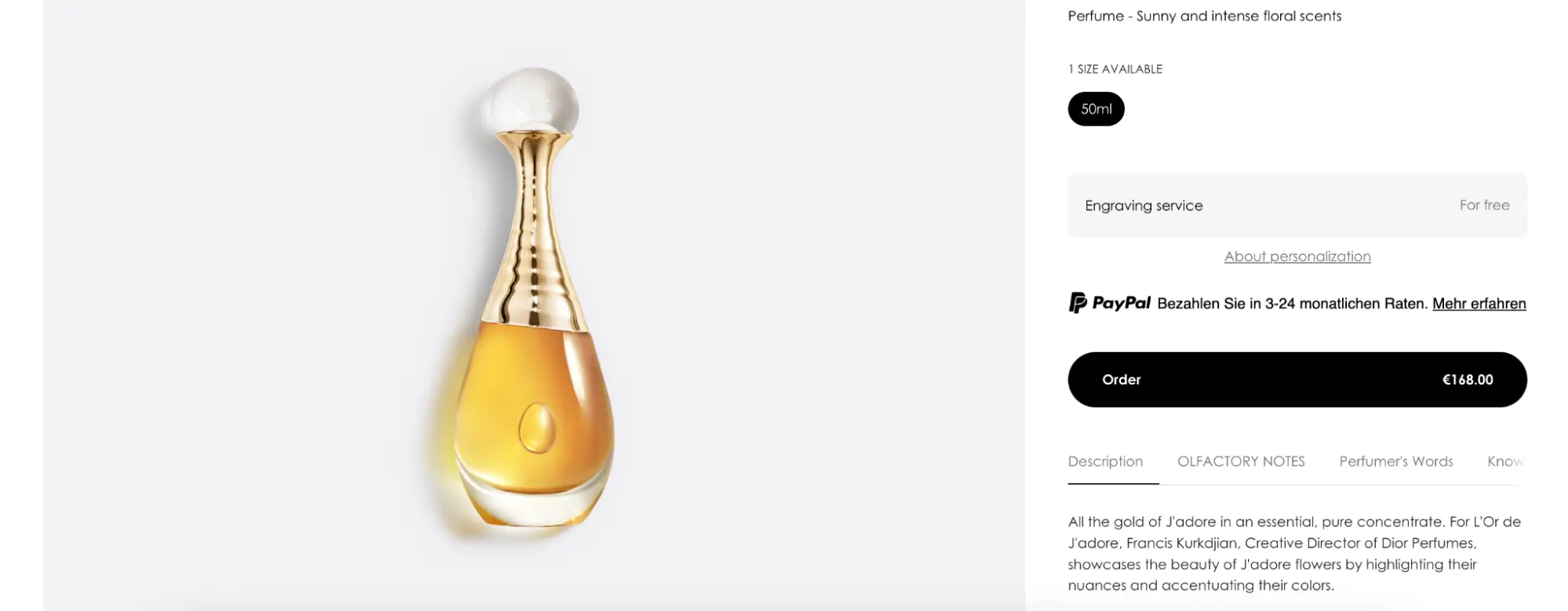 This image shows an example of a product landing page for J'adore by Dior, highlighting the iconic fragrance and personalized bottle engraving service, along with the history behind its creation by perfumer Francis Kurkdjian and supplementary products from the J'adore collection, providing a comprehensive experience for perfume connoisseurs.