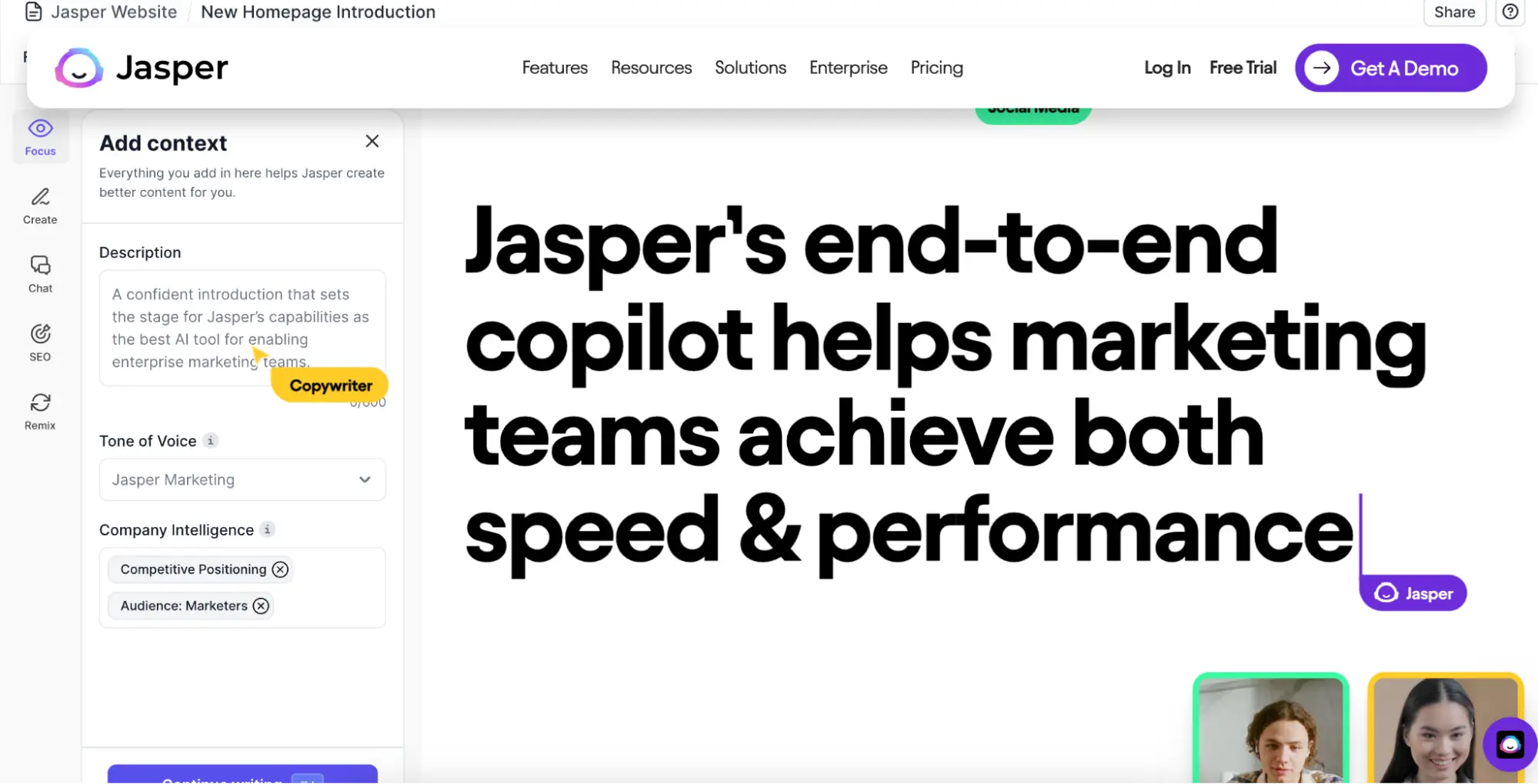 This image shows an example of a product landing page for Jasper AI, featuring an interactive showcase of the app's UI and a catchy tagline, with bold visual elements and vibrant colors. Customer reviews and testimonials enhance Jasper's credibility for marketers and advertisers seeking to improve performance with generative AI tools.