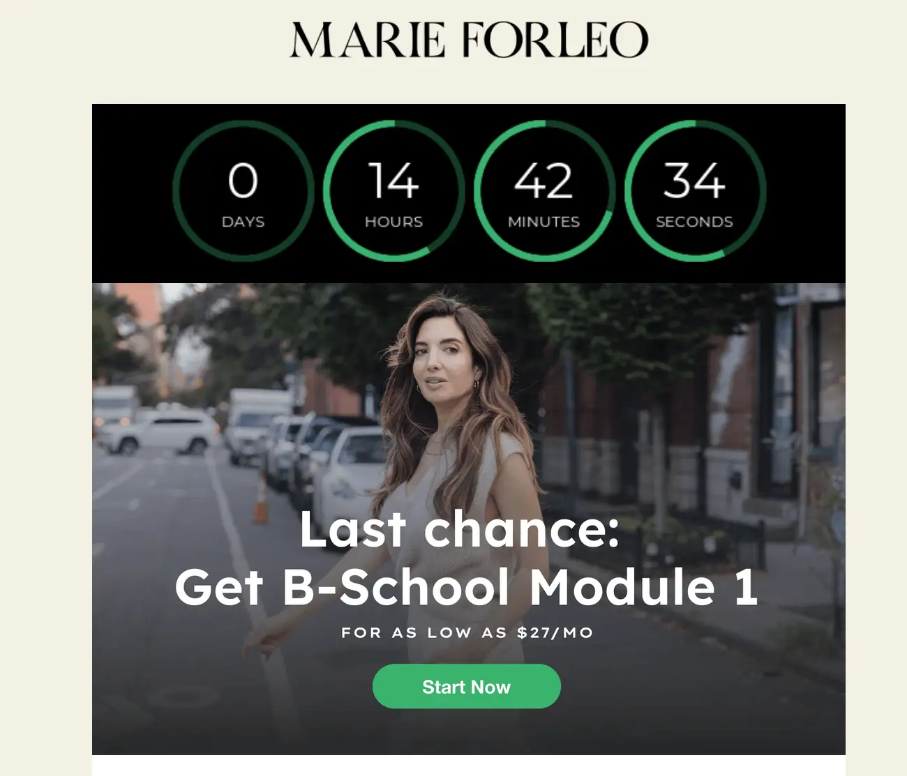 This image shows the process outlined in a Marie Forleo email, encouraging subscribers to sign up for B-School.