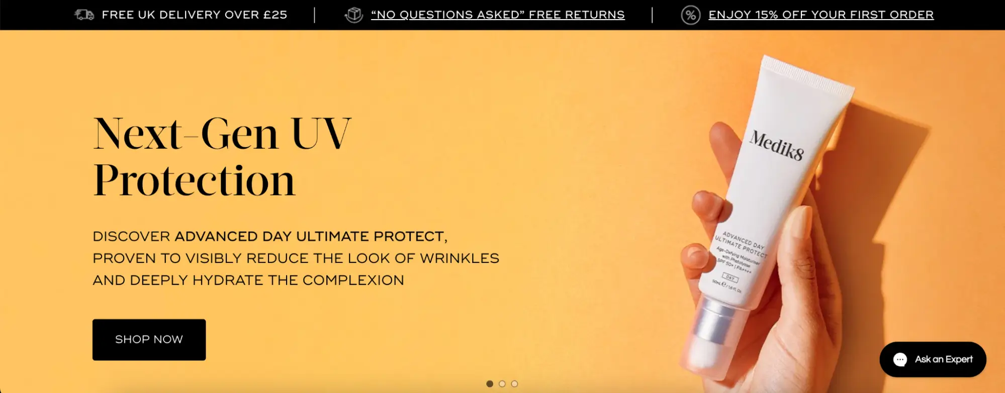 This image shows an example of a product landing page for Medik8, a UK-based skincare brand, featuring an image slider highlighting an anti-age UV protection cream and other skincare products. The page offers various categories of skincare products and provides assistance for choosing the right product based on skin type.