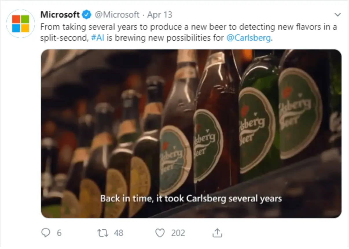 This image shows Microsoft and Carlsberg's integrated marketing campaign from 2017, promoting Microsoft's AI capabilities by showcasing how AI was used to brew new beer flavors, surprising and delighting users. Ads were run on Twitter, YouTube, Facebook, and in print publications like the Financial Times.