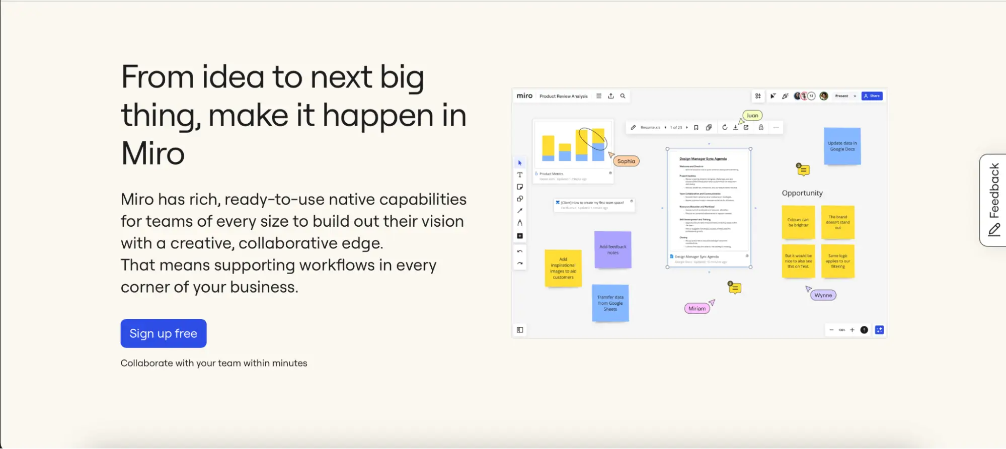 This image shows an example of a product landing page for Miro, an online diagramming tool for teams and departments, featuring the app's UI, a prominent tagline, and supporting copy. The page highlights Miro's key features, benefits, and customer testimonials, catering to various project management and workflow needs.