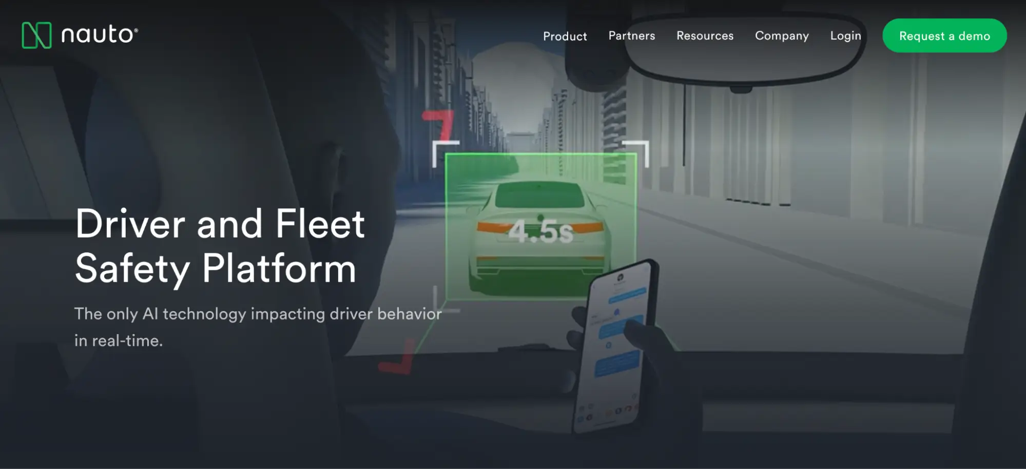 This image shows an example of a product landing page for Nauto, showcasing AI technology in action to aid drivers in maintaining control during their journeys, with videos demonstrating product use cases for collision prediction and avoidance, highlighting driver and fleet safety products.