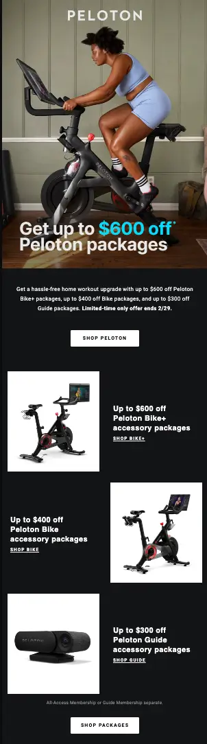 This image shows the best practice example of CTA placement, as demonstrated in a Peloton promotional email, with CTAs strategically positioned after the headline, sub-headline, product benefits, and social proof sections, offering readers multiple opportunities to take action.