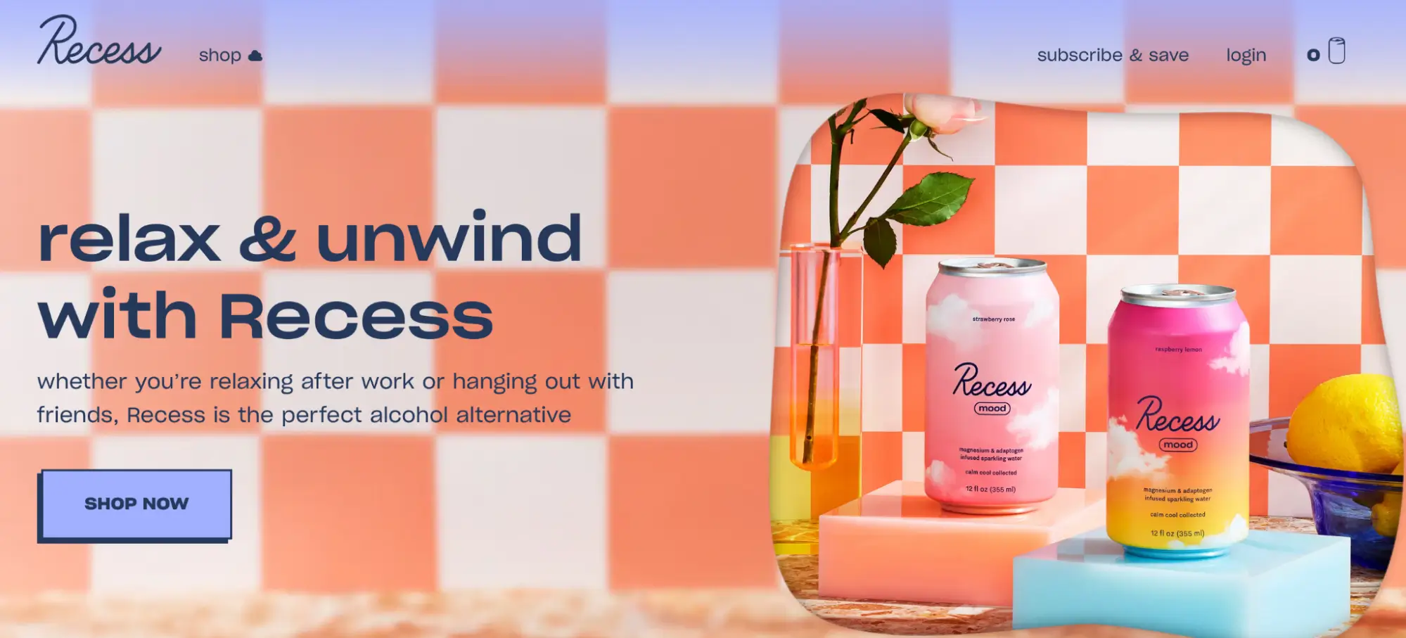 This image shows an example of a product landing page for Recess, featuring sparkling water infused with hemp and adaptogens, designed to ease stress and refresh consumers. The page highlights the target audience, benefits of the beverage, various flavors, social proof, and the brand's mission, providing all necessary information for informed decisions.