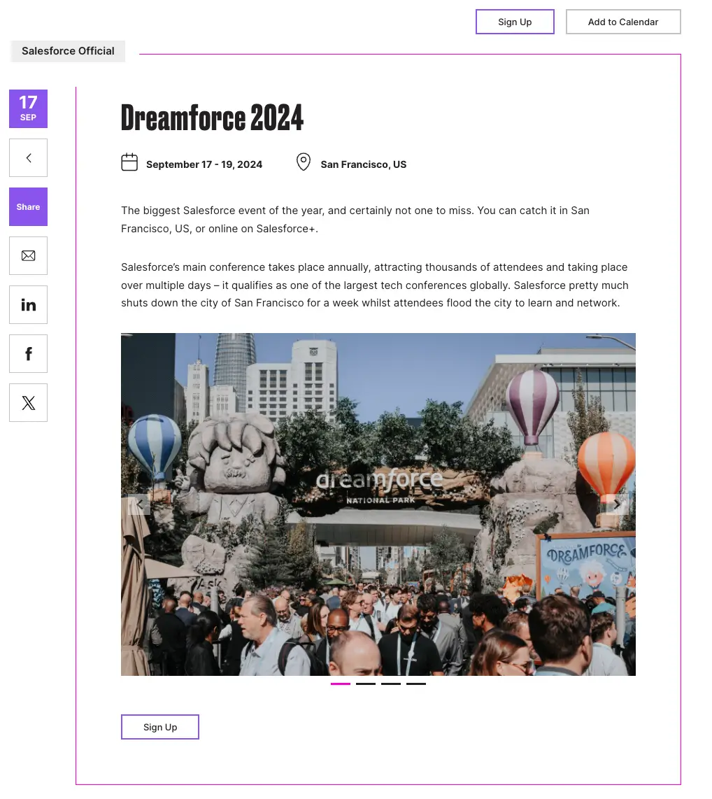 This image shows the Dreamforce landing page by Salesforce, featuring two 'Sign up' CTA buttons for interested parties to register for the event, providing clear directions for visitors on where to click to be a part of Dreamforce.