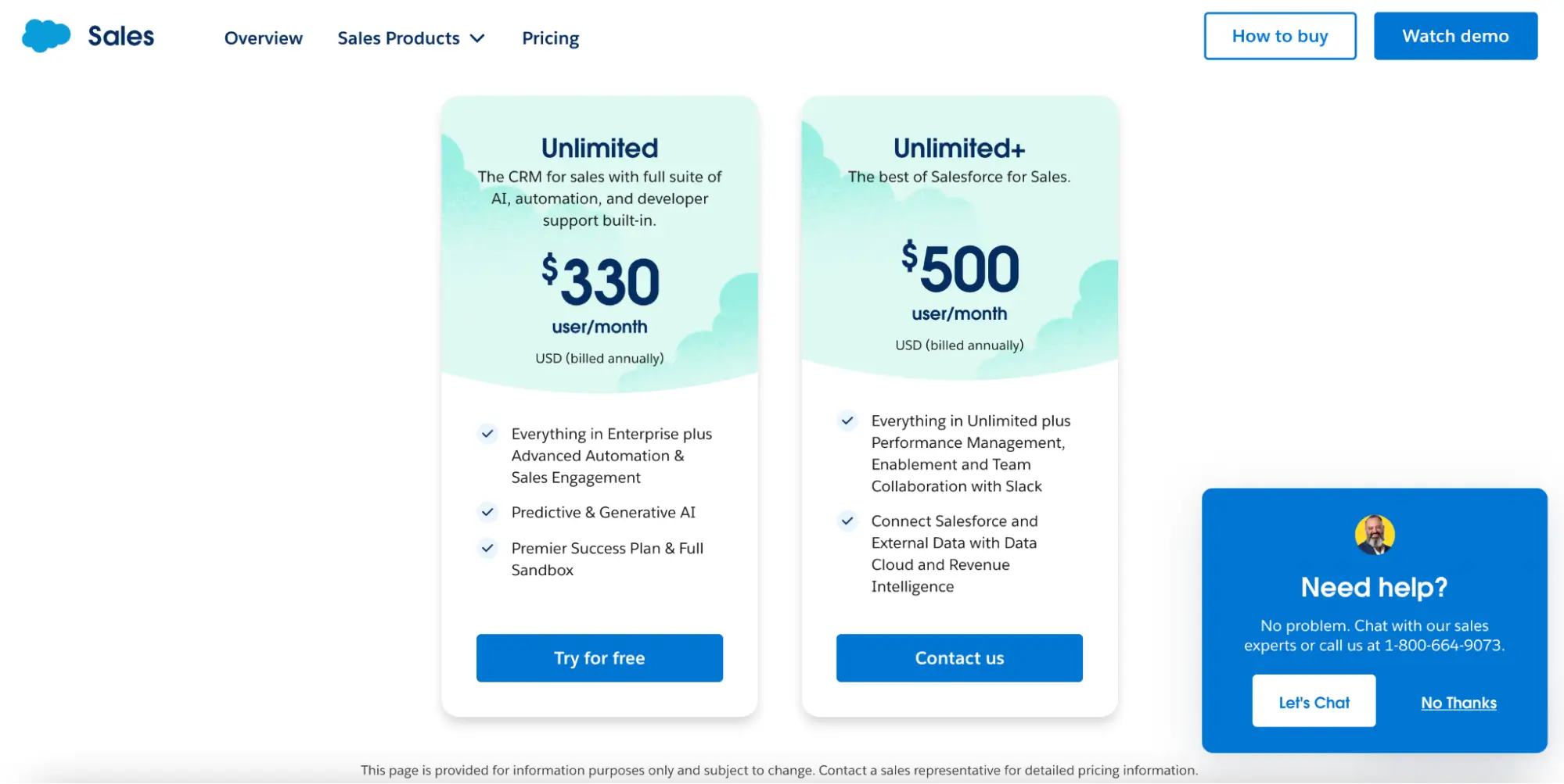 This image shows the CTA strategy implemented on the Salesforce pricing page, featuring multiple CTAs that convey specific actions for users without overwhelming them. This approach is facilitated by Salesforce's well-established brand recognition and insights into user behavior, allowing them to include numerous CTAs. However, for lesser-known or new brands, it's advisable to limit the number of CTA buttons on the page.