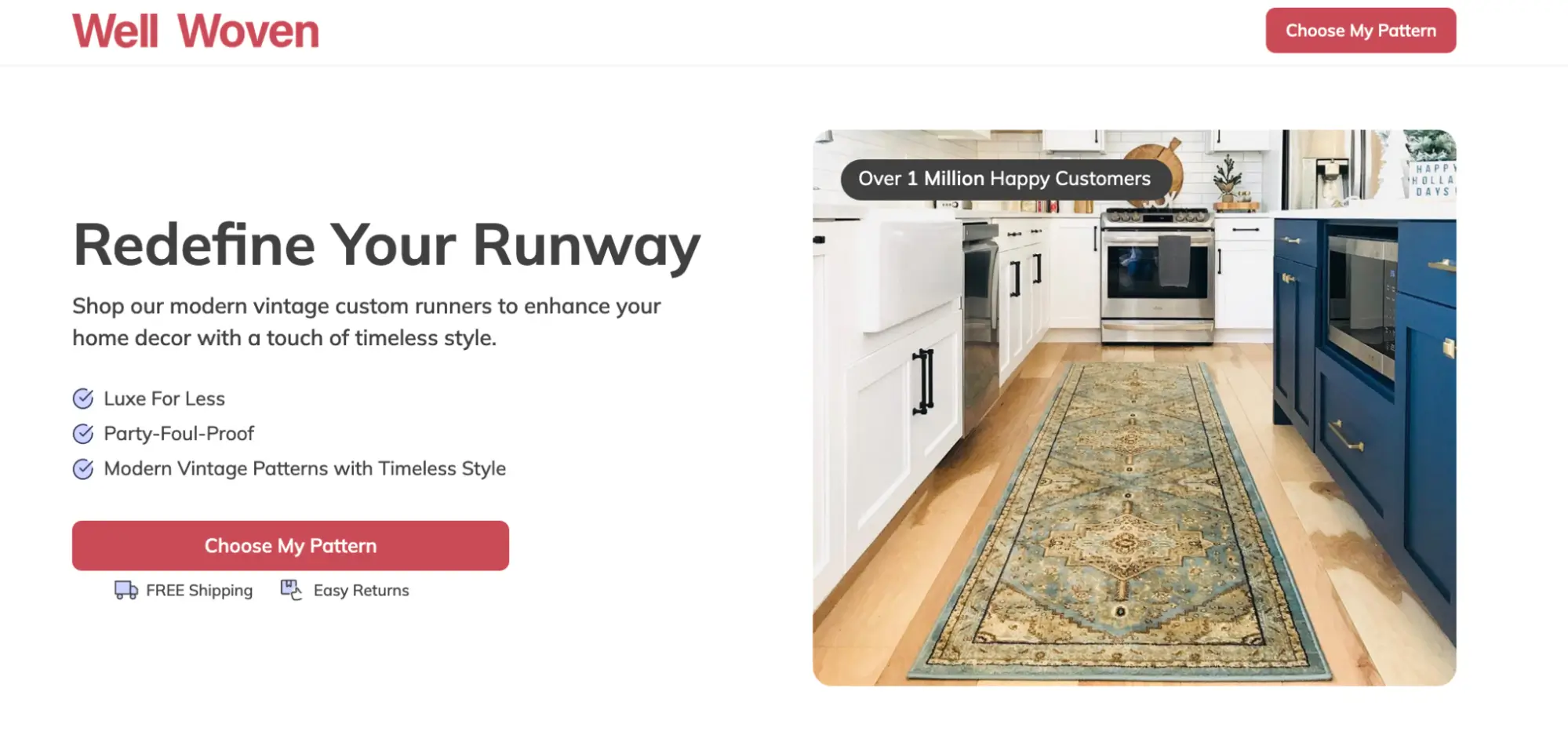 This image shows the CTA button on the Well Woven website, prompting visitors to choose their preferred runner patterns.