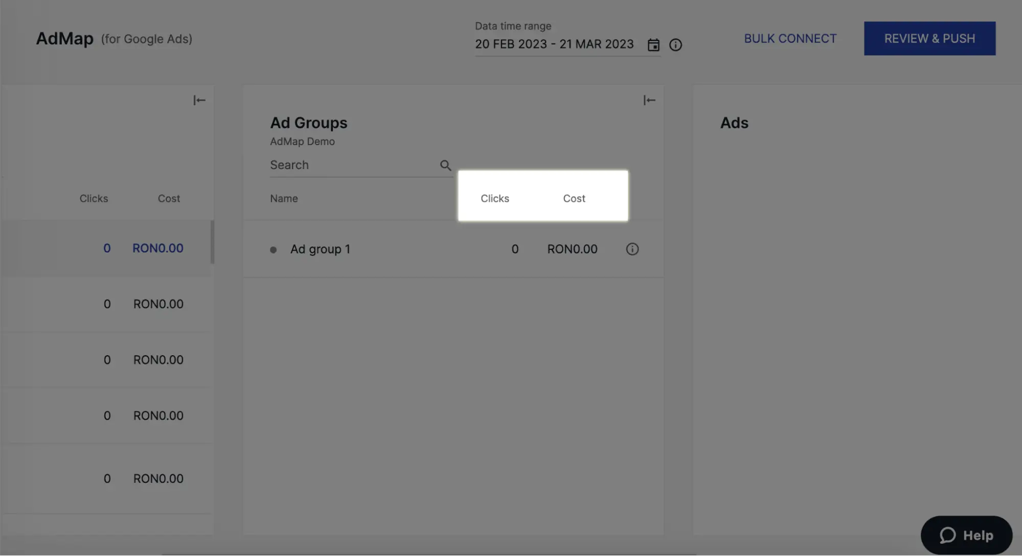This image shows where to find Clicks and Cost of a campaign under Ad Groups in Instapage AdMap
