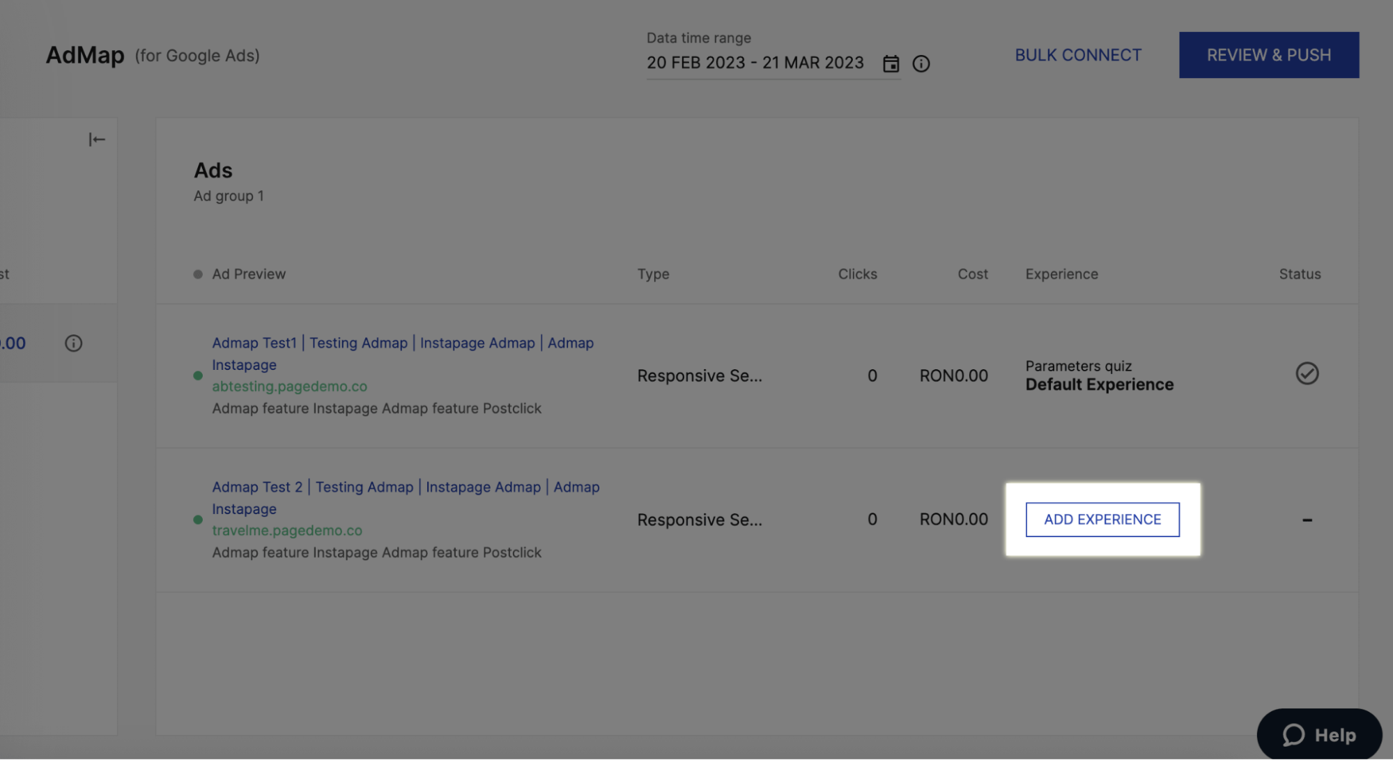 This image shows the location of an Add Experience button in the Instapage AdMap