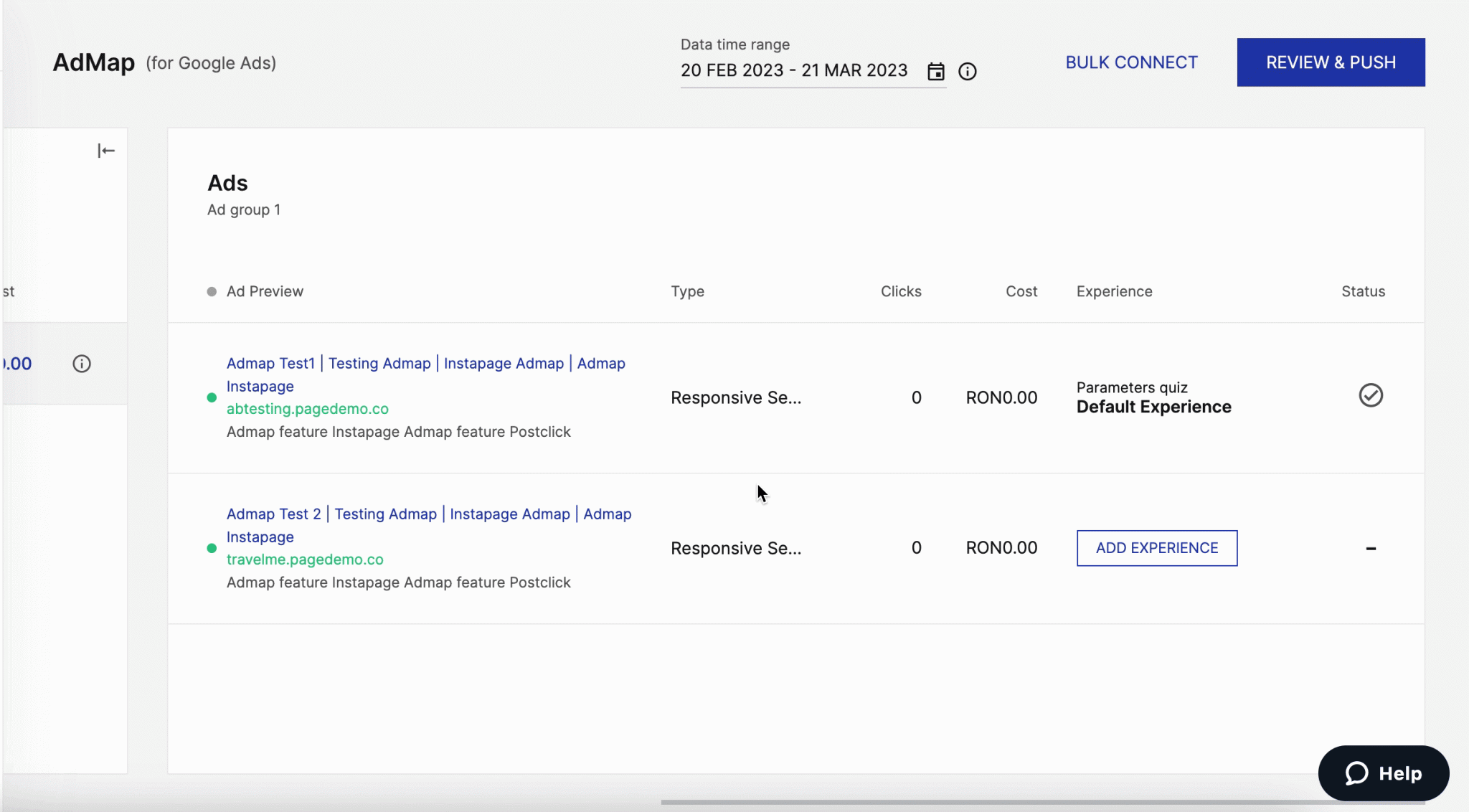 This image shows how to create a landing page via add experience in Instapage AdMap