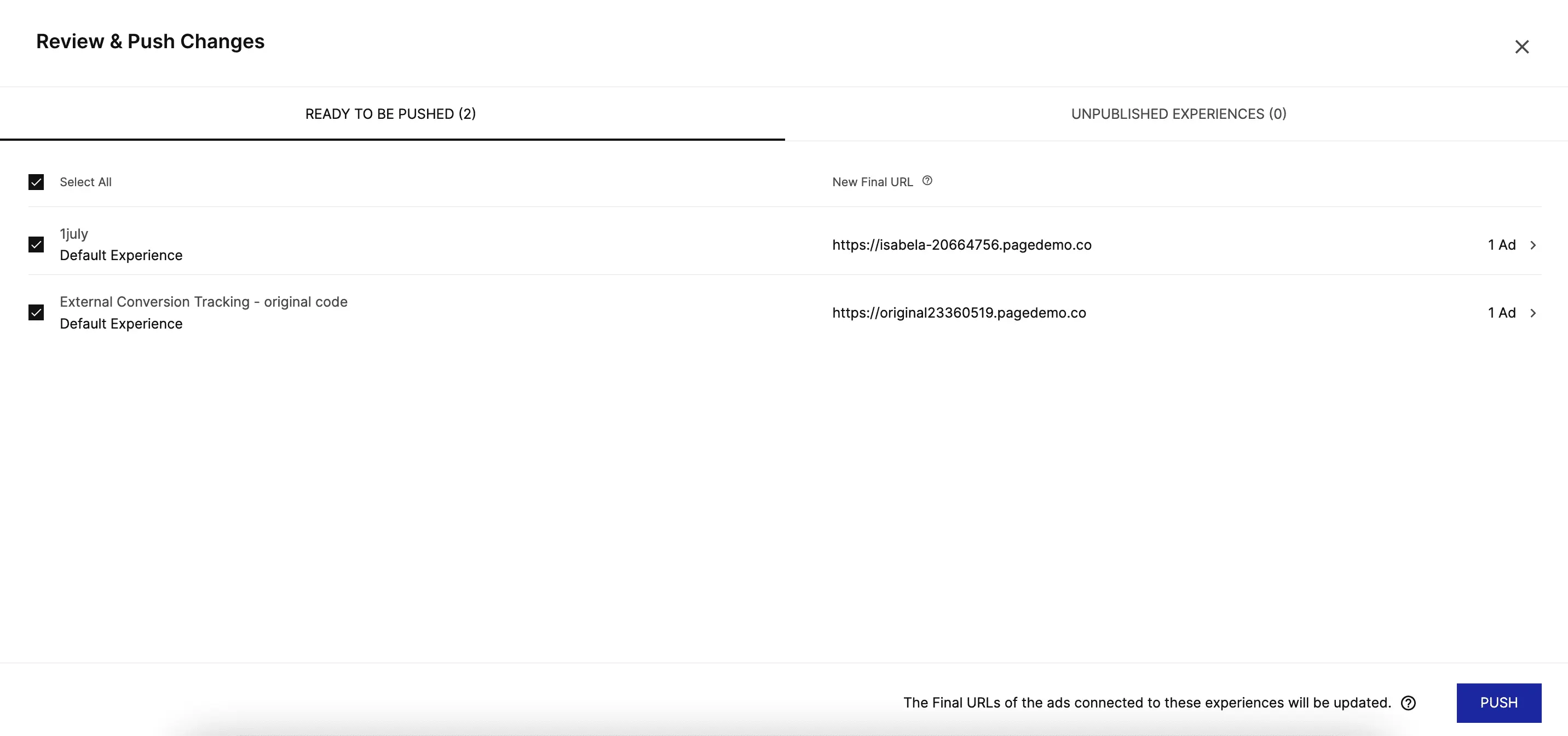 This image shows the Review & Push Changes via Instapage AdMpa