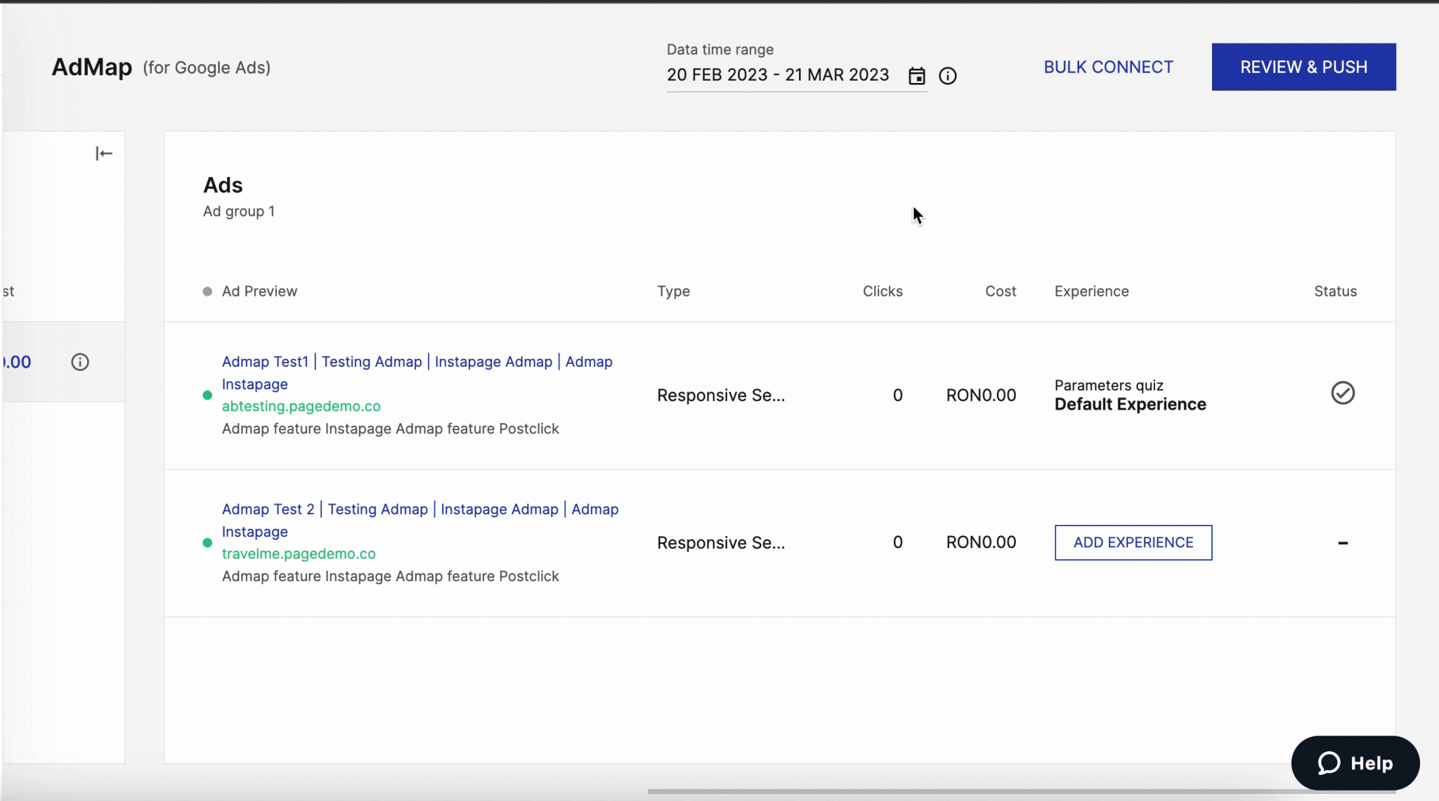 This image shows a screenshot of how to add experience in Instapage AdMap