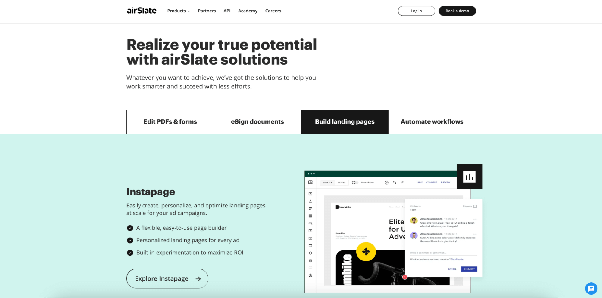 This image shows the features and benefits section on the airSlate product portfolio landing page