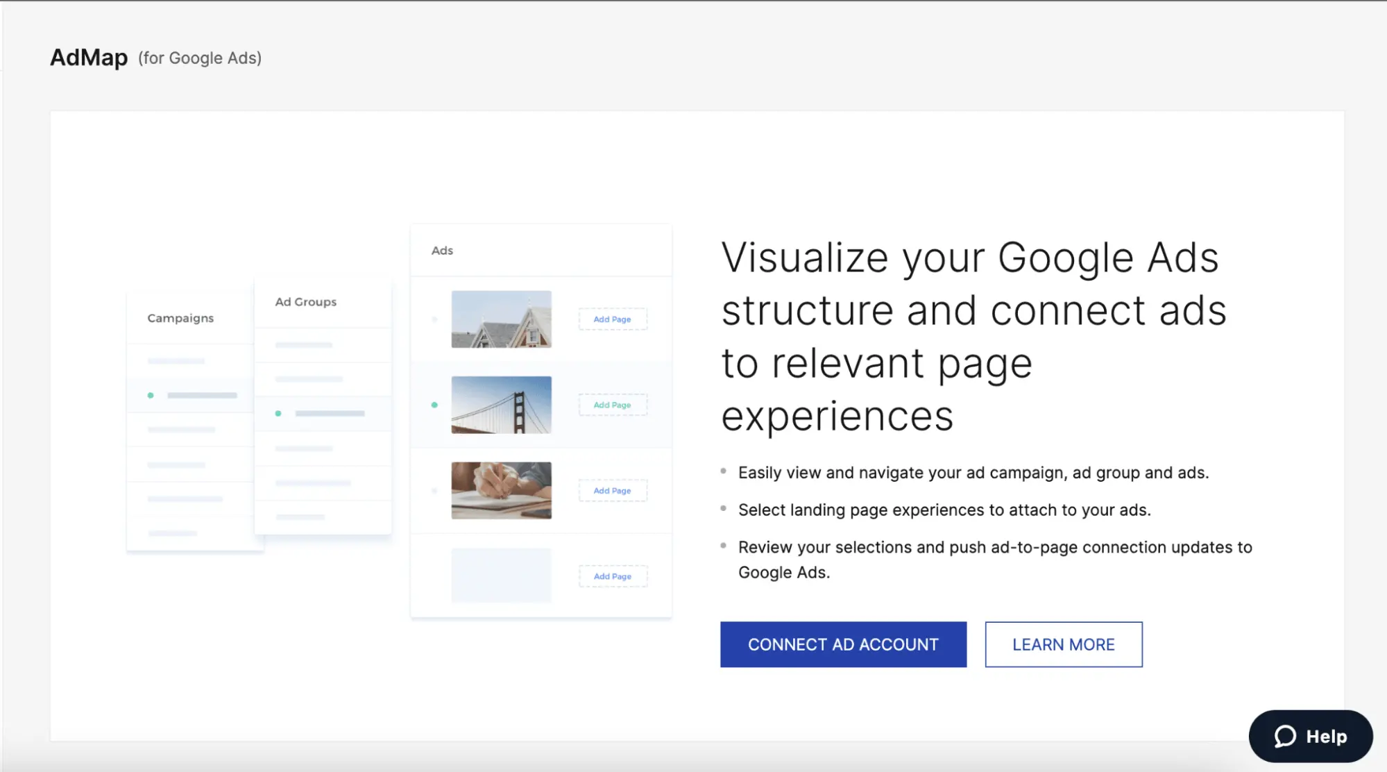 This image is a banner informing users about the benefits of connecting their Google Ads account to Instapage AdMap