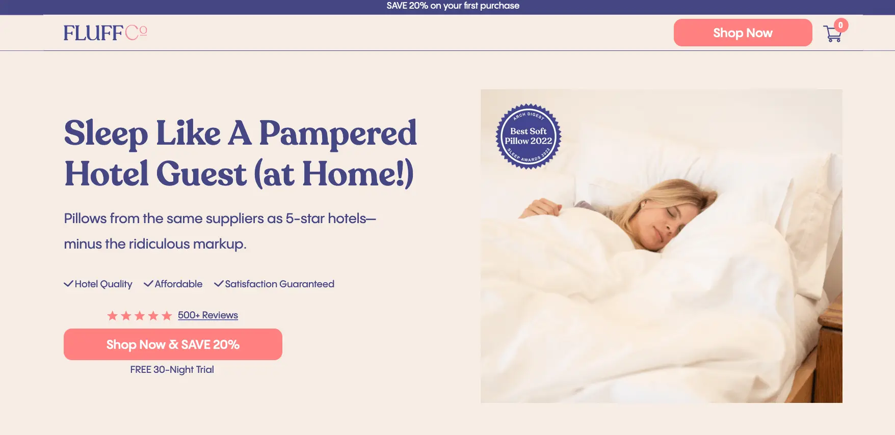 This image shows FluffCo's landing page screenshot