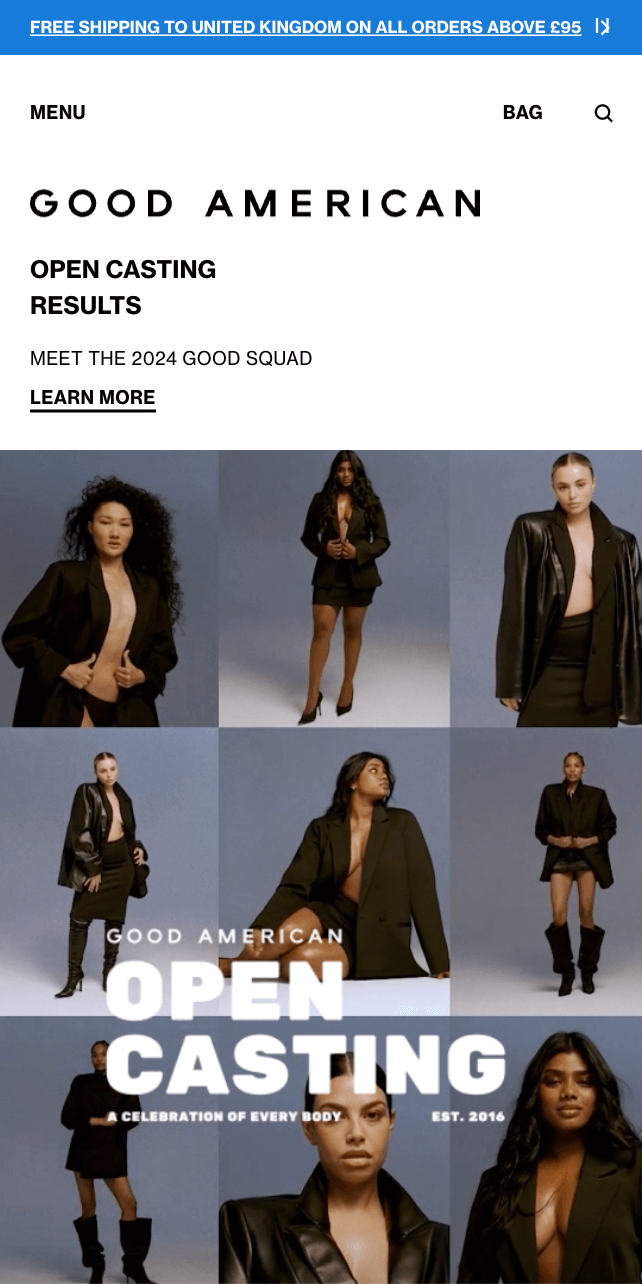 This image shows a mobile homepage of Good American clothing store
