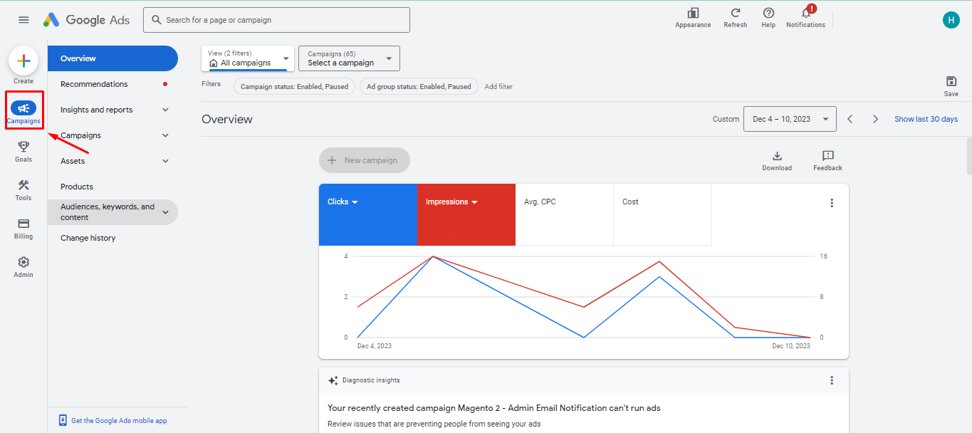 This image demonstrates how to access Google Ads Campaigns section