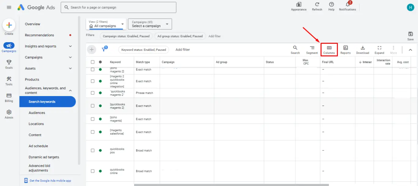 This image demonstrates the Columns button location in the Google Ads dashboard to help you configure the "Audiences, keywords, and content" section