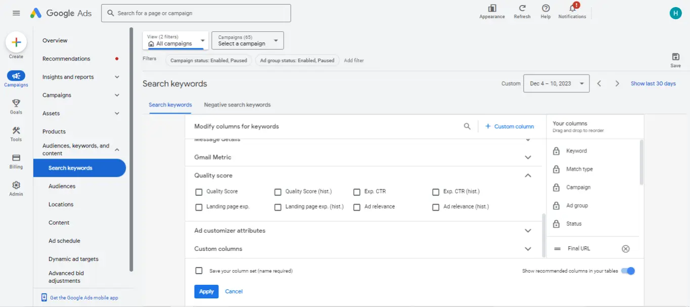 This image shows how quality scores for previous reporting periods are labeled in Google Ads.