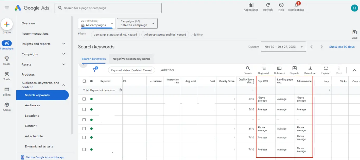 This image shows how to determine the landing page experience and ad relevance scores in your Google Ads dashboard