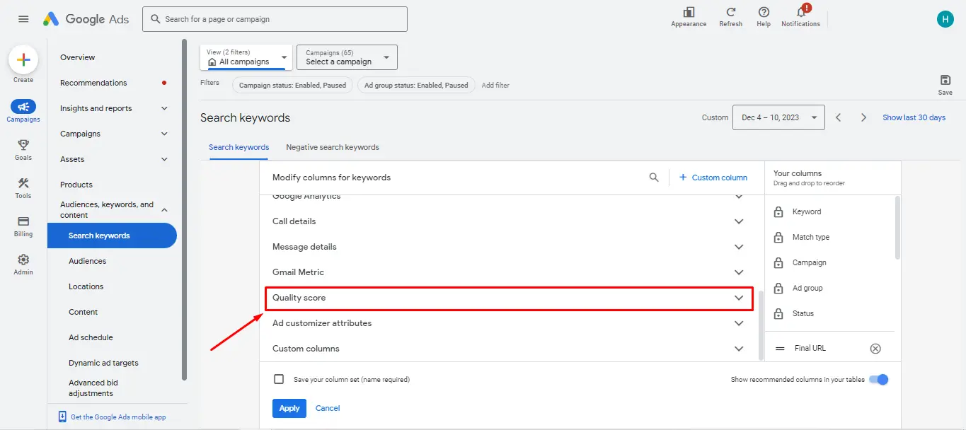 This image shows where to locate Quality Score metrics in Google Ads under the Search Keywords section