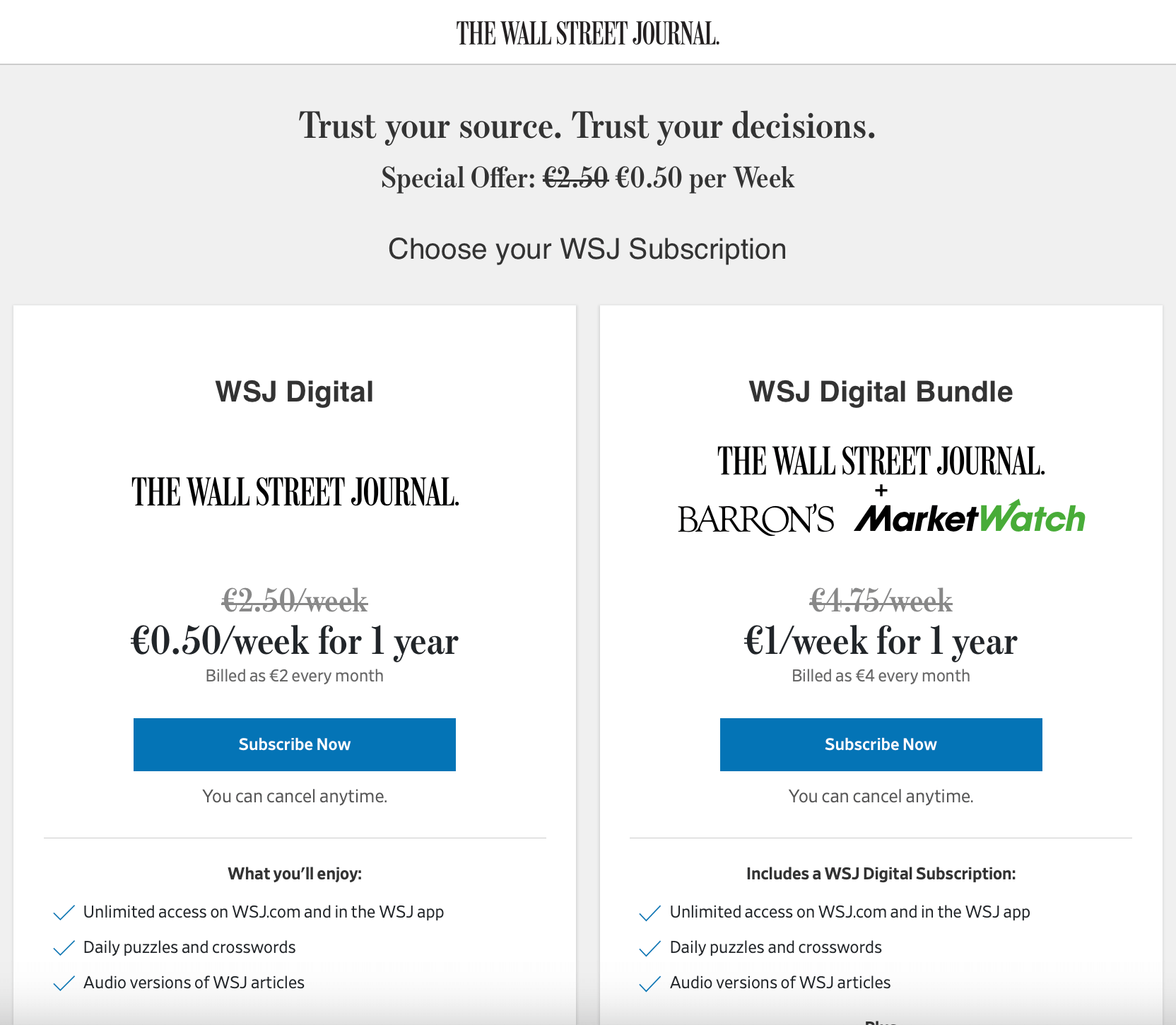 This image shows the Wall Street Journal landing page promoting this news outlet subscription